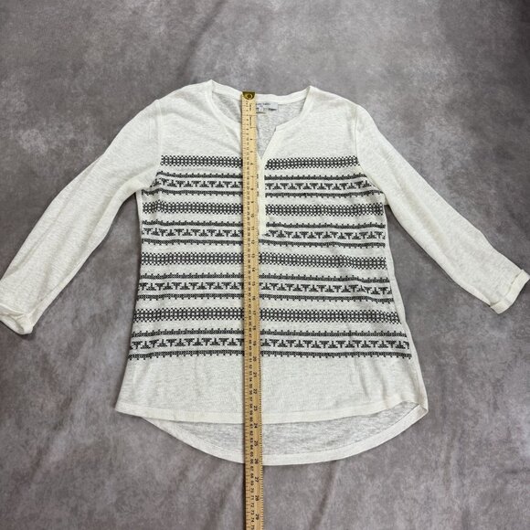 White & Black Tribal Print 100% Linen Long Sleeve Henley Blouse - Picture 2 of 10